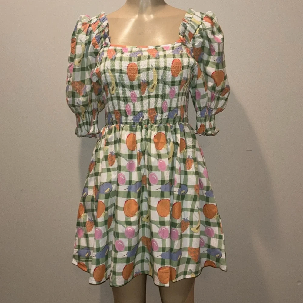 DAVI & DANI FRUITS PRINTED SMOCKING MINI DRESS size L NWT - Picture 7 of 9